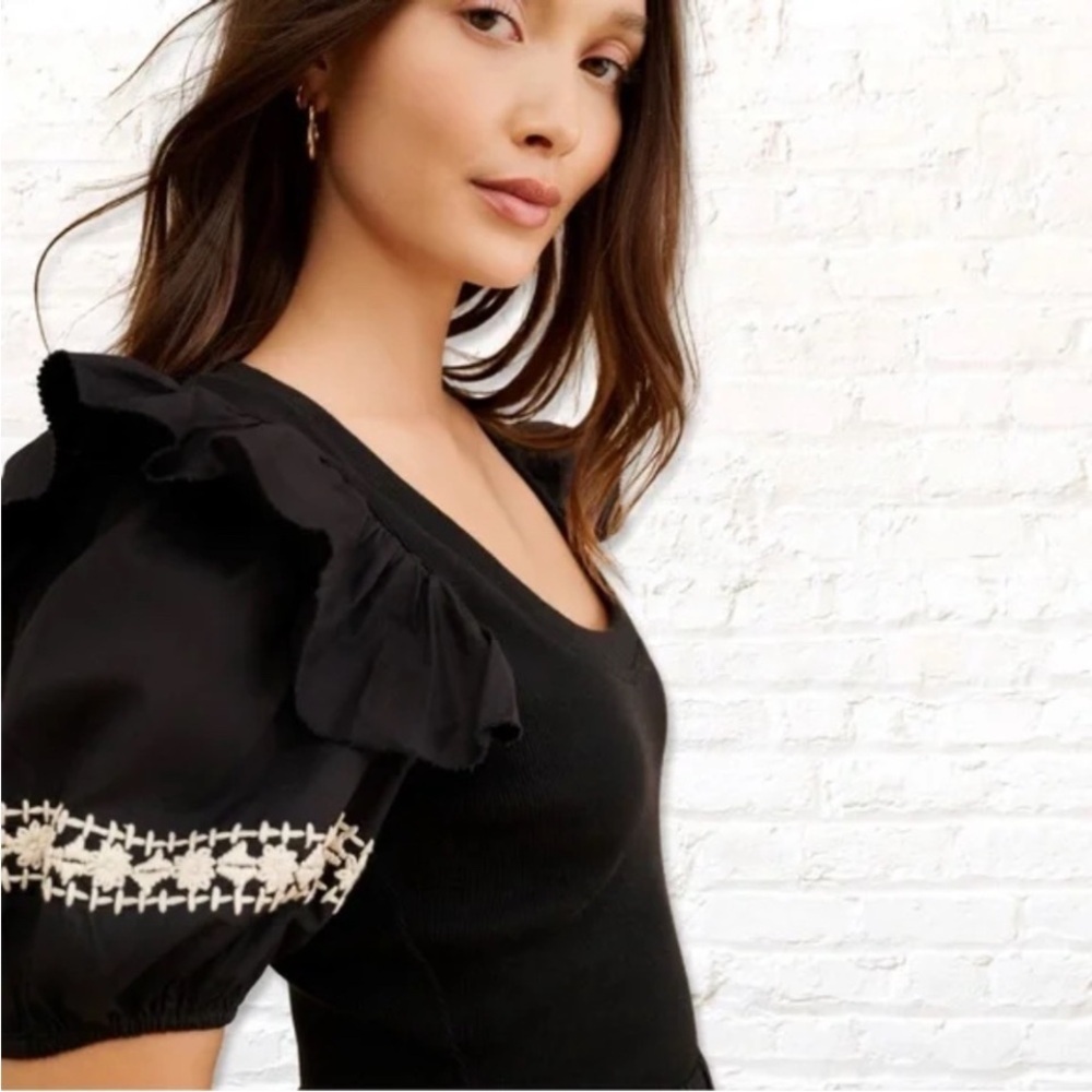Cleobella Selma Black Midi Dress Puff Sleeve Embroidered Boho Cotton Size S - Picture 3 of 13